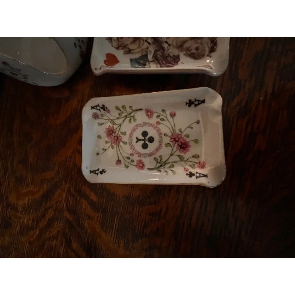 Vintage Japan Ceramic Bridge Set Playing Cards AshTrays Holder Queen Jack Ace